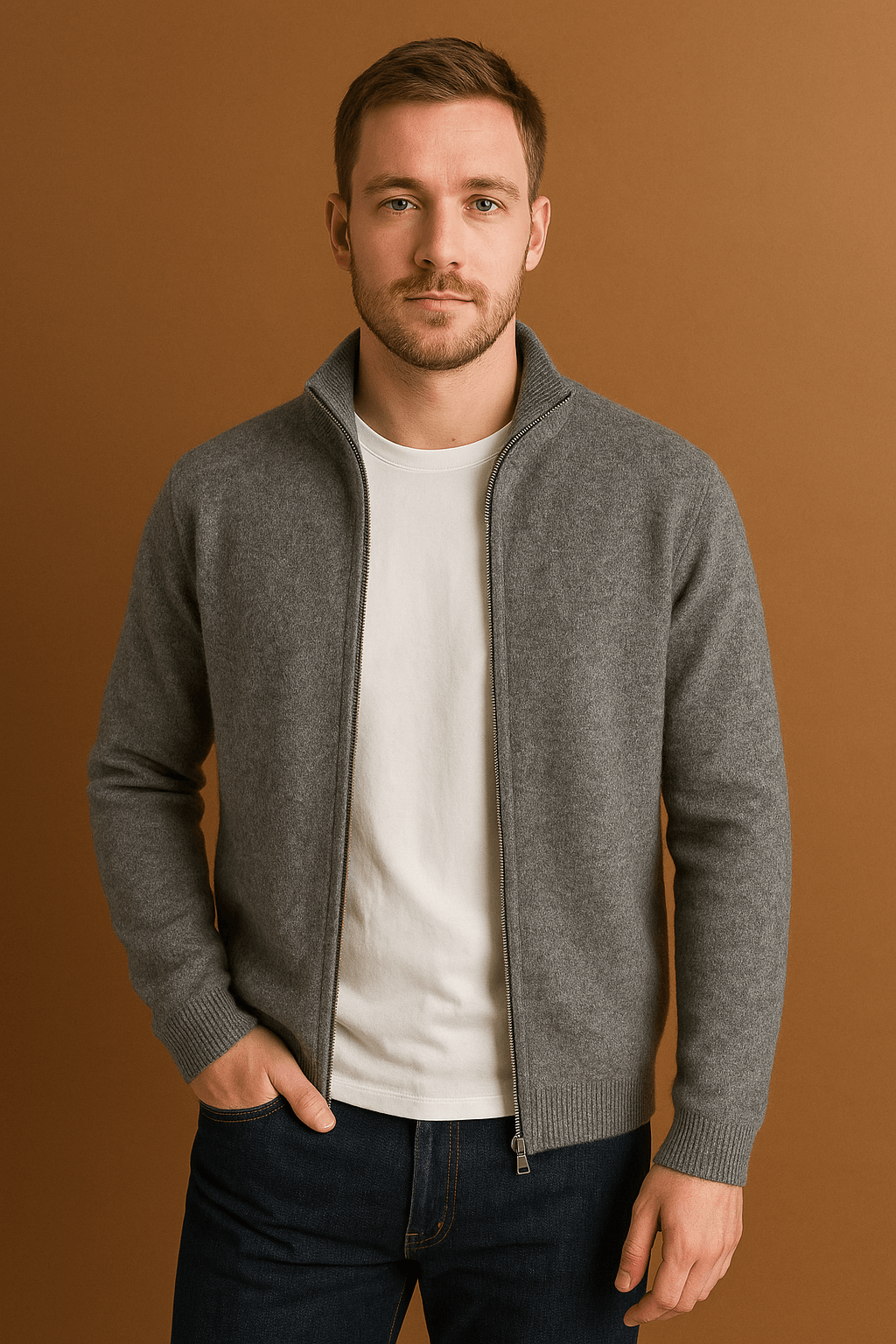 Herren Strickjacke Merinowolle mit Reißverschluss, Regular Fit Cardigan
