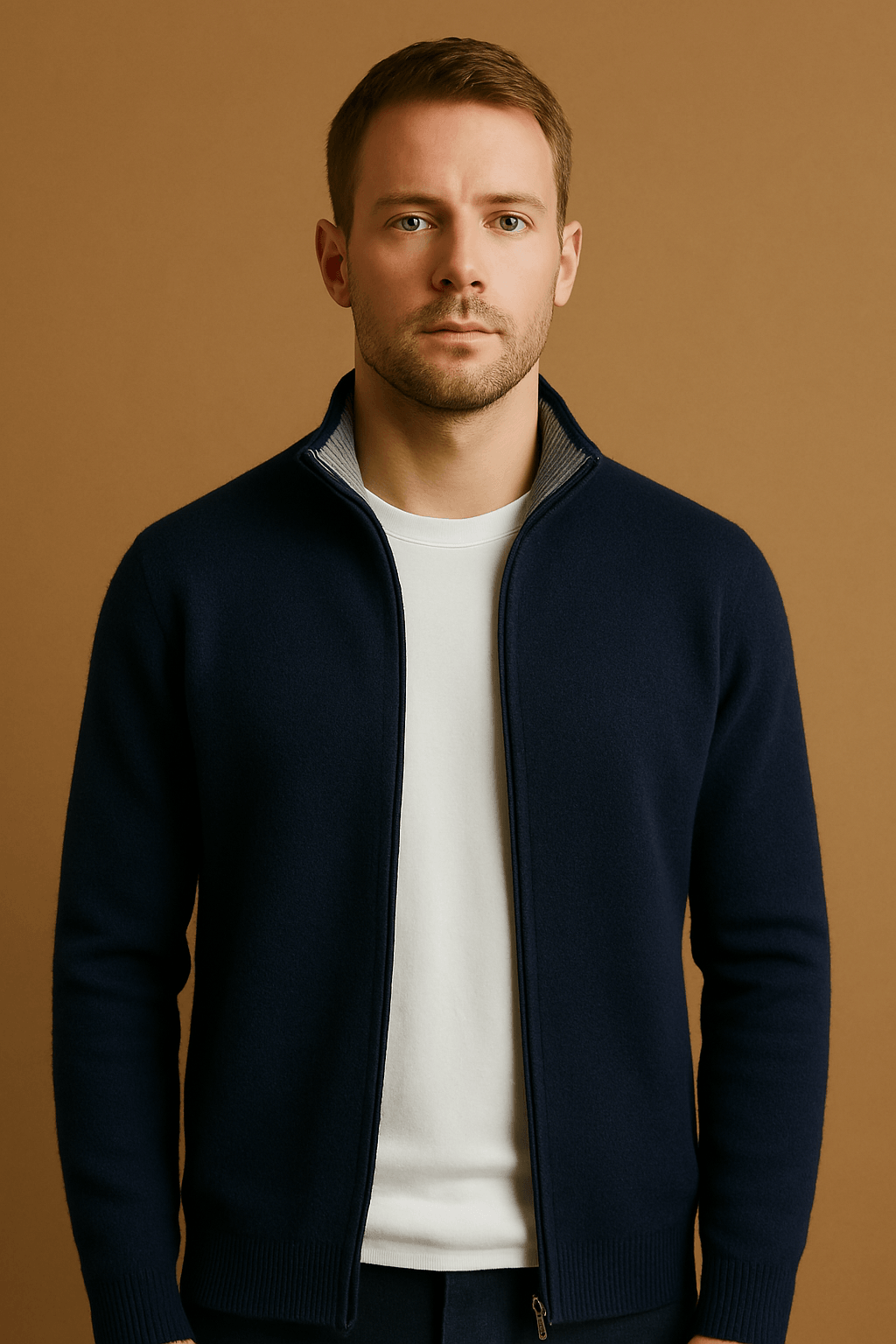 Herren Strickjacke Merinowolle mit Reißverschluss, Regular Fit Cardigan